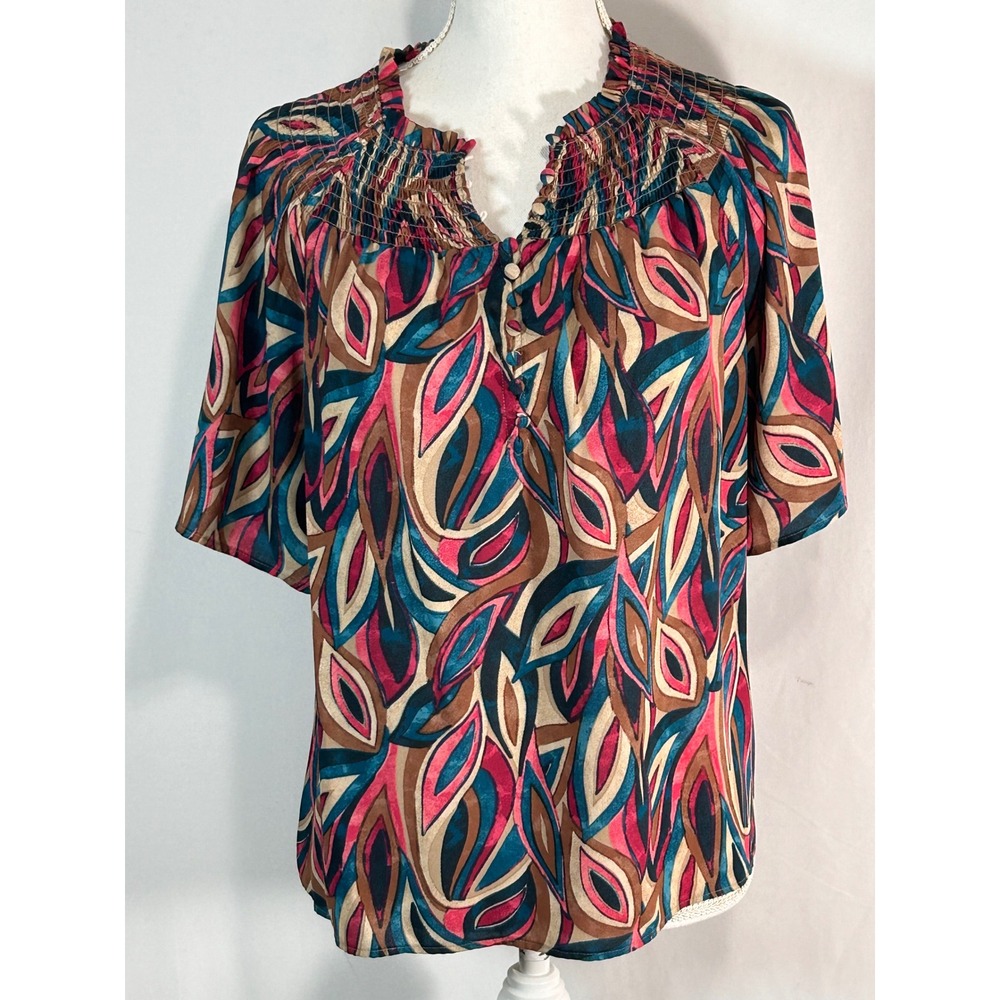 Investments Petites Womens PS Abstract Leaf Print Smocked Neck Button Top Blouse